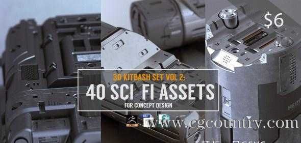 40个科幻机械零件3D模型 3D Kitbash Set Vol.2  40 Sci-Fi Assets (ZBP/FBX/OBJ格式)